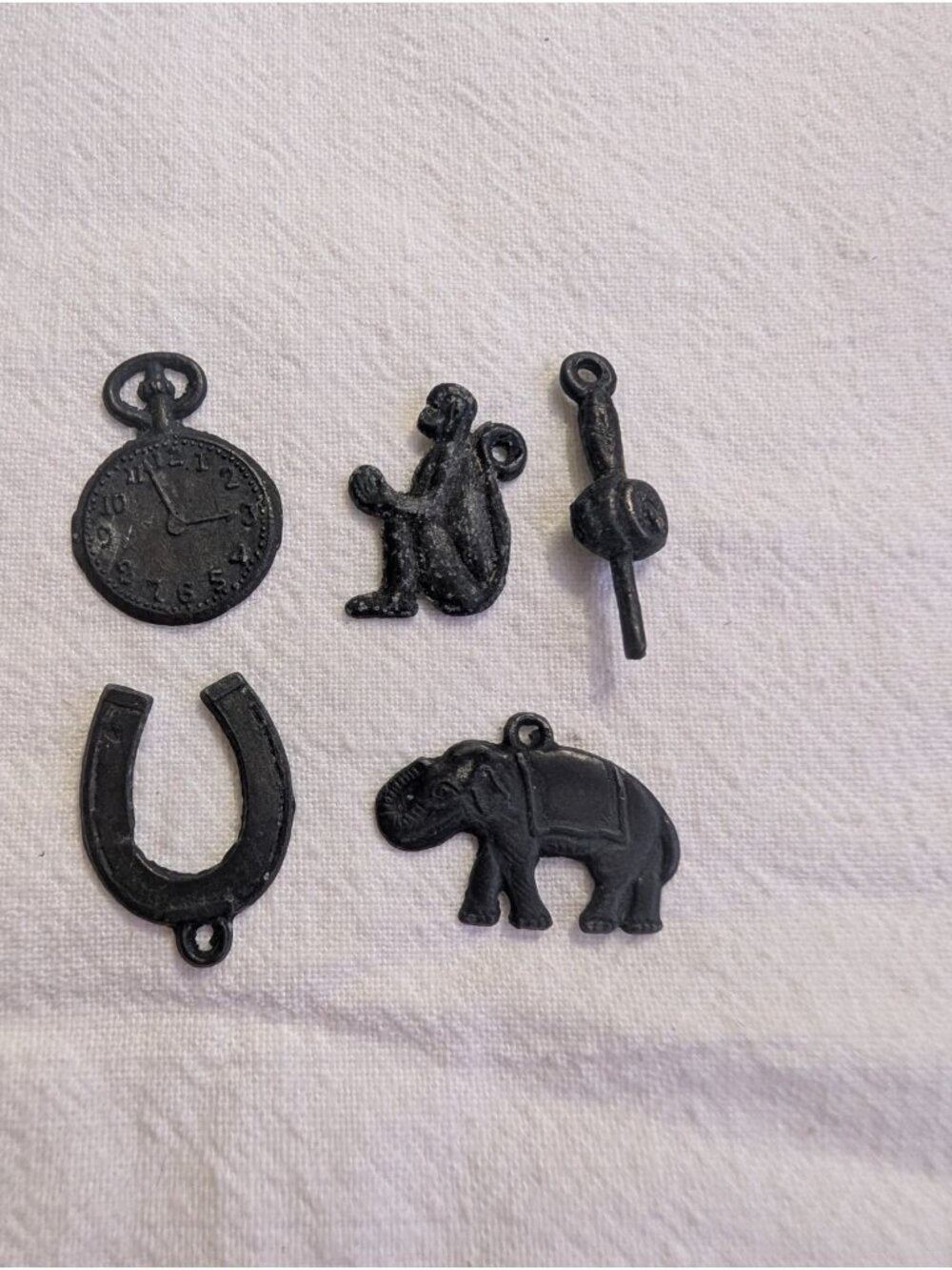 Antique Pot Metal Good Luck Charm Lot 5pc Elephant Horseshoe Monkey 1920s